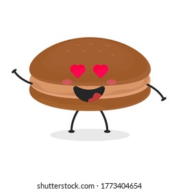 Cute flat cartoon chocolate macarons illustration. Vector illustration of cute macarons with a smiling expression. Cute choco macaron mascot design