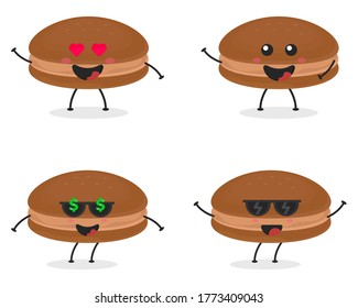 Cute flat cartoon chocolate macarons illustration. Vector illustration of cute macarons with a smiling expression. Cute green tea chocolate mascot design