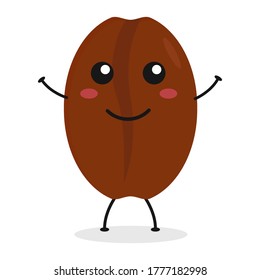 Cute flat cartoon coffee bean illustration. Vector illustration of coffee bean with a smiling expression.