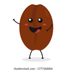 Cute flat cartoon coffee bean illustration. Vector illustration of coffee bean with a smiling expression.