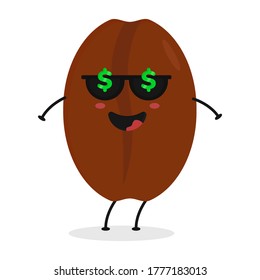 Cute flat cartoon coffee bean illustration. Vector illustration of coffee bean with a smiling expression.