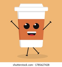 Cute flat cartoon coffee illustration. Vector illustration of cute coffee with a smiling expression.