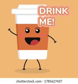 Dibujo de café de dibujos animados planos. Ilustración vectorial del café lindo con una expresión sonriente.