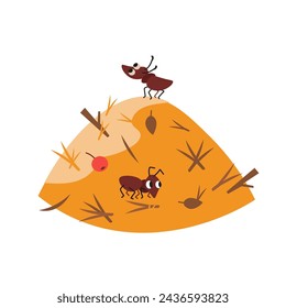 Cute flat cartoon colored anthill with ants. Vector Insects and forest. Isolated illustration on white background for design. 