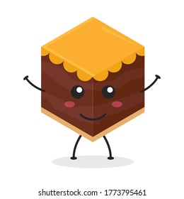 Cute flache Cartoon Würfelkuchen Illustration. Vektorgrafik eines süßen Würfels mit einem lächelnden Ausdruck. Cute-Cake-Maskottdesign