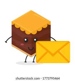 Cute flat cartoon cube cake illustration holding an envelope. Vector illustration of a cute cube cake with a smiling expression. Cute cake with an envelope mascot design
