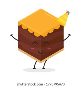 Cubo de caricatura plana ilustrando el pastel. Ilustración vectorial de una linda tarta cúbica con una expresión sonriente. Diseño de mascota de torta