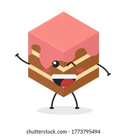 Cute flat cartoon cube cake illustration. Vector illustration of a cute cube cake with a smiling expression. Cute cake mascot design