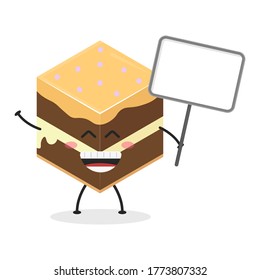 Bastón de cubo de caricatura plana con una ilustración. Ilustración vectorial de una linda tarta cúbica con una expresión sonriente. Pastel de pastel con diseño de mascota de signos
