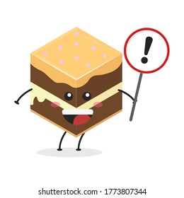 Cute flat cartoon cube cake holding a sign illustration. Vector illustration of a cute cube cake with a smiling expression. Cute cake with a sign mascot design