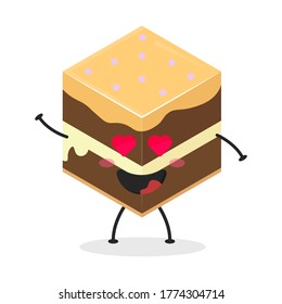 Cute flat cartoon cube cake illustration. Vector illustration of a cute cube cake with a smiling expression. Cute cake mascot design