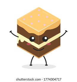 Cute flat cartoon cube cake illustration. Vector illustration of a cute cube cake with a smiling expression. Cute cake mascot design