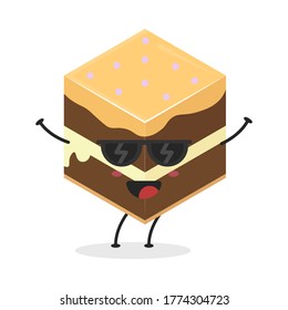 Cute flat cartoon cube cake illustration. Vector illustration of a cute cube cake with a smiling expression. Cute cake mascot design