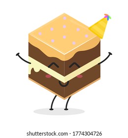 Cute flat cartoon cube cake illustration. Vector illustration of a cute cube cake with a smiling expression. Cute cake mascot design