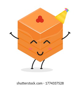 Cute flat cartoon cube cake illustration. Vector illustration of a cute cube cake with a smiling expression. Cute cake mascot design