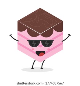 Cubo de caricatura plana ilustrando el pastel. Ilustración vectorial de una linda tarta cúbica con una expresión sonriente. Diseño de mascota de torta