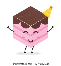 Cute flat cartoon cube cake illustration. Vector illustration of a cute cube cake with a smiling expression. Cute cake mascot design