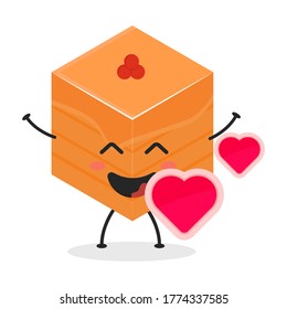 Cute flat cartoon cube cake illustration. Vector illustration of a cute cube cake with a smiling expression. Cute cake mascot design