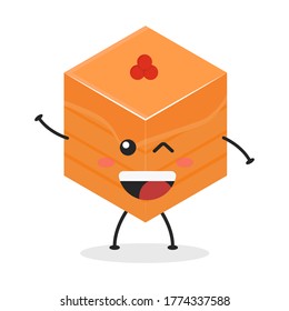 Cute flat cartoon cube cake illustration. Vector illustration of a cute cube cake with a smiling expression. Cute cake mascot design