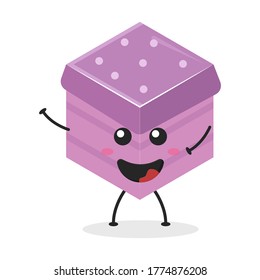 Cute flat cartoon cube cake illustration. Vector illustration of a cute cube cake with a smiling expression. Cute cake mascot design