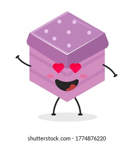Cubo de caricatura plana ilustrando el pastel. Ilustración vectorial de una linda tarta cúbica con una expresión sonriente. Diseño de mascota de torta