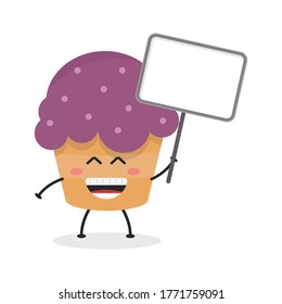Cute flat cartoon cupcake holding a sign illustration. Vector illustration of a cute cupcake with a smiling expression. Cute cake holding a sign mascot design