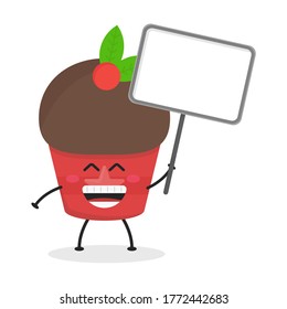 Cute flat cartoon cupcake holding a sign illustration. Vector illustration of a cute cupcake with a smiling expression. Cute cake holding a sign mascot design