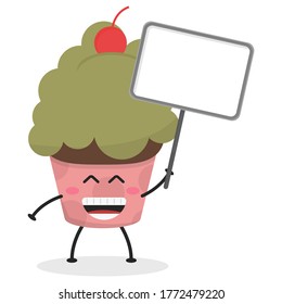 Cute flat cartoon cupcake holding a sign illustration. Vector illustration of a cute cupcake with a smiling expression. Cute cake holding a sign mascot design