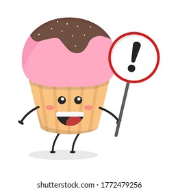 Cute flat cartoon cupcake holding a sign illustration. Vector illustration of a cute cupcake with a smiling expression. Cute cake holding a sign mascot design