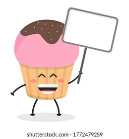 Un quequito de caricatura plana con una ilustración de un cartel. Ilustración vectorial de un quequito lindo con una expresión sonriente. Pastel de pastel con un diseño de mascota de signos