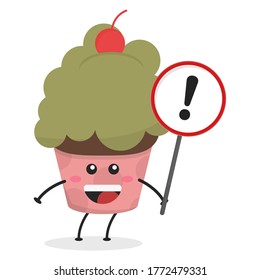 Cute flat cartoon cupcake holding a sign illustration. Vector illustration of a cute cupcake with a smiling expression. Cute cake holding a sign mascot design