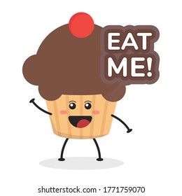Cute flat cartoon cupcake illustration. Vector illustration of a cute cupcake with a smiling expression. Cute cake mascot design
