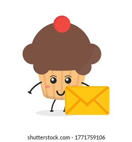 Cute flat cartoon cupcake illustration holding an envelope. Vector illustration of a cute cupcake with a smiling expression. Cute cake with an envelope mascot design