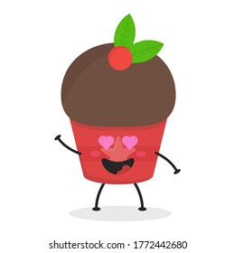 Cute flat cartoon cupcake illustration. Vector illustration of a cute cupcake with a smiling expression. Cute cake mascot design