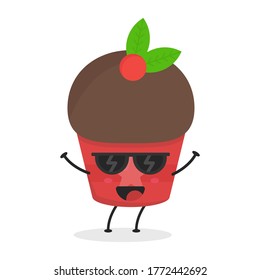 Cute flat cartoon cupcake illustration. Vector illustration of a cute cupcake with a smiling expression. Cute cake mascot design