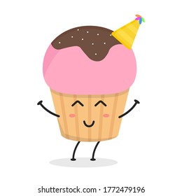 Cute flat cartoon cupcake illustration. Vector illustration of a cute cupcake with a smiling expression. Cute cake mascot design