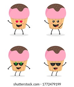 Cute flat cartoon cupcake illustration. Vector illustration of a cute cupcake with a smiling expression. Cute cake mascot design