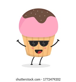 Cute flat cartoon cupcake illustration. Vector illustration of a cute cupcake with a smiling expression. Cute cake mascot design