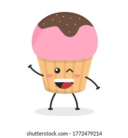 Cute flat cartoon cupcake illustration. Vector illustration of a cute cupcake with a smiling expression. Cute cake mascot design
