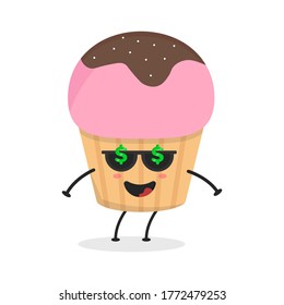 Cute flat cartoon cupcake illustration. Vector illustration of a cute cupcake with a smiling expression. Cute cake mascot design