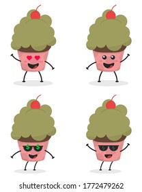 Cute flat cartoon cupcake illustration. Vector illustration of a cute cupcake with a smiling expression. Cute cake mascot design