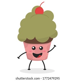 Dibujo de quequitos de caricatura plana. Ilustración vectorial de un quequito lindo con una expresión sonriente. Diseño de mascota de torta