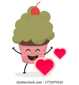 Cute flat cartoon cupcake illustration. Vector illustration of a cute cupcake with a smiling expression. Cute cake mascot design