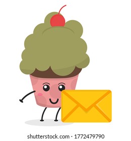 Cute flat cartoon cupcake illustration holding an envelope. Vector illustration of a cute cupcake with a smiling expression. Cute cake with an envelope mascot design