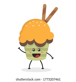 Cute flat cartoon cupcake illustration. Vector illustration of a cute cupcake with a smiling expression. Cute cake mascot design