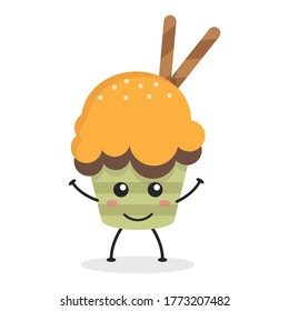 Cute flat cartoon cupcake illustration. Vector illustration of a cute cupcake with a smiling expression. Cute cake mascot design