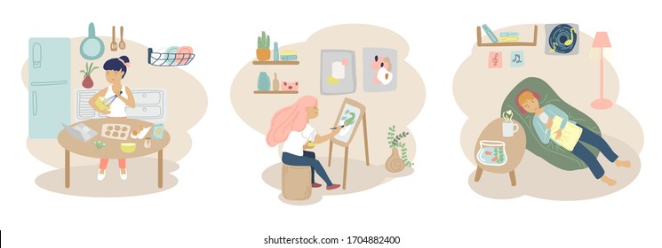 cute flat cartoon design illustration set of leisure concept of stay home, work from home   and social distancing. cooking, painting, listening music. soft tone color. 