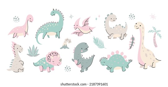 Cute flat cartoon dinosaur. Set dinosaurs herbivorous, babies dino and nature elements. Volcano, palm tree and prehistoric animals, nowaday vector isolated characters