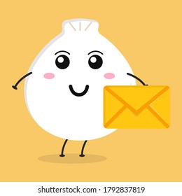 Cute flache Cartoon-Dumpling mit einer Umschlaggrafik. Vektorgrafik süßer chinesischer Knödel mit einem lächelnden Ausdruck.