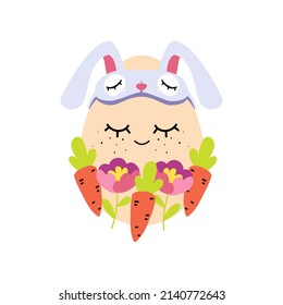 Cute flat cartoon Easter egg illustration with sleepy face rabbit mask decoration and carrots. Vector of funny pysanka character with a smiling expression. Lovely mascot design